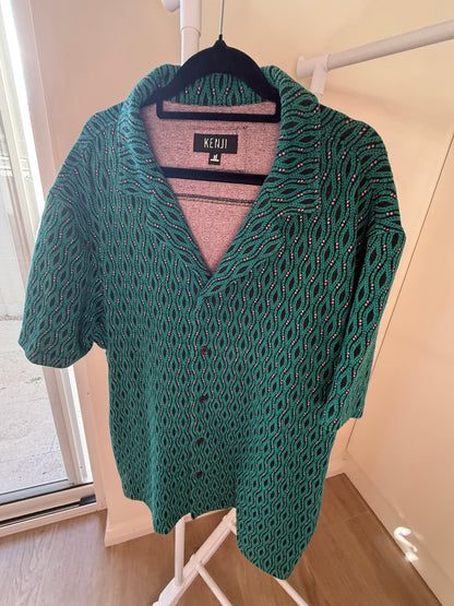 Kenji green geometric knit shirt, men's XL