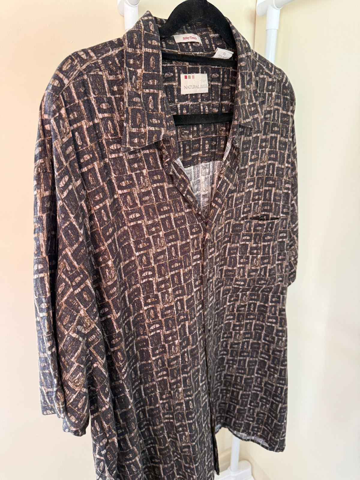 Brown geometric print rayon shirt, men's XL