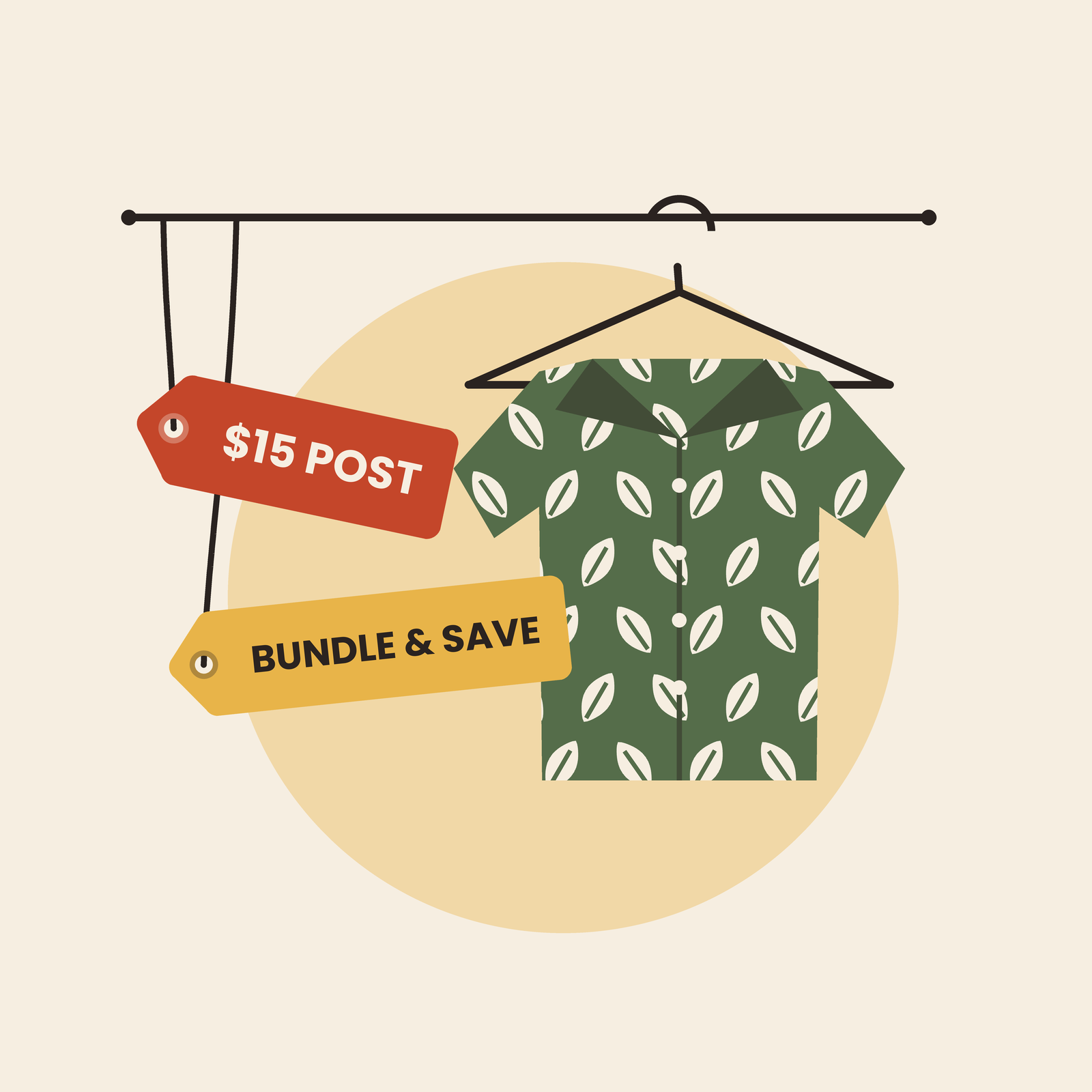 Illustration of preloved clothes, furniture and a swing tag